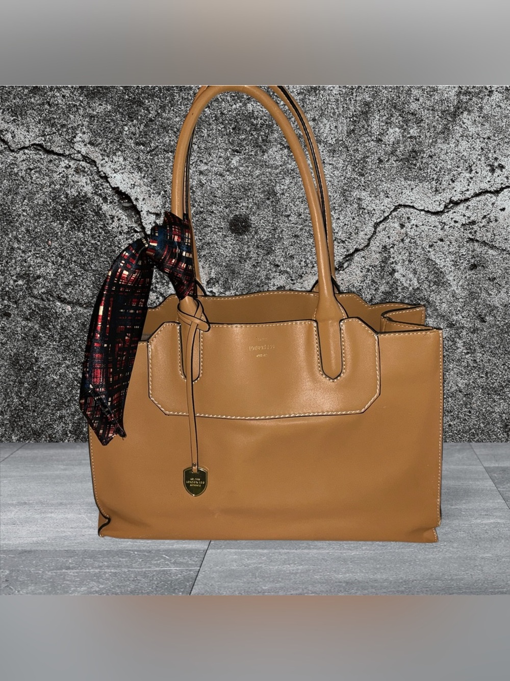 London Fog Classic Tan Leather Tote Bag with Scarf Accent